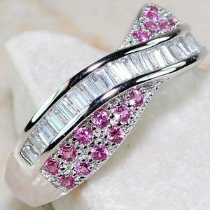Size 8 Sterling Silver, Pink, & Topaz Ring
